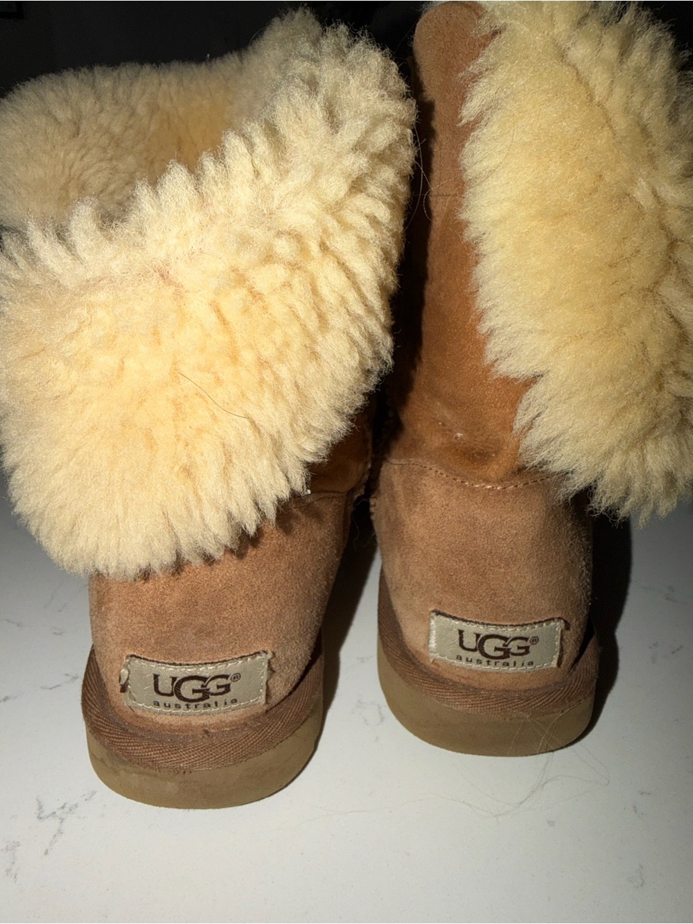 UGG Fold-Over Suede Boots in Chestnut with Cream Shearling